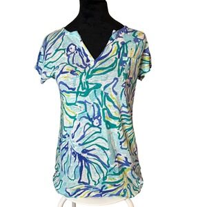 Women's Lilly Pulitzer Tropical Leaf  Short Sleeve Tunic Top 100% Linen SZ S